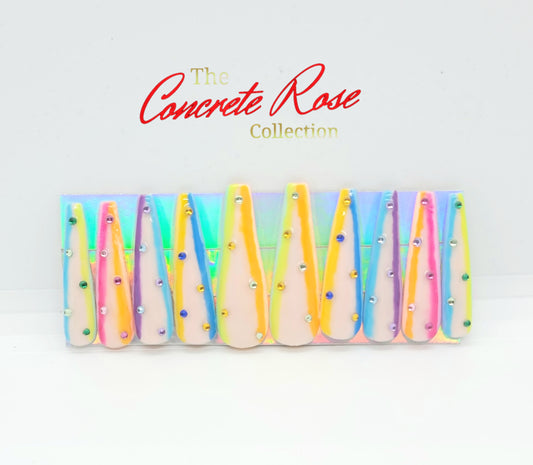 Rainbow Rhinestone Long Coffin Press-On Nails
